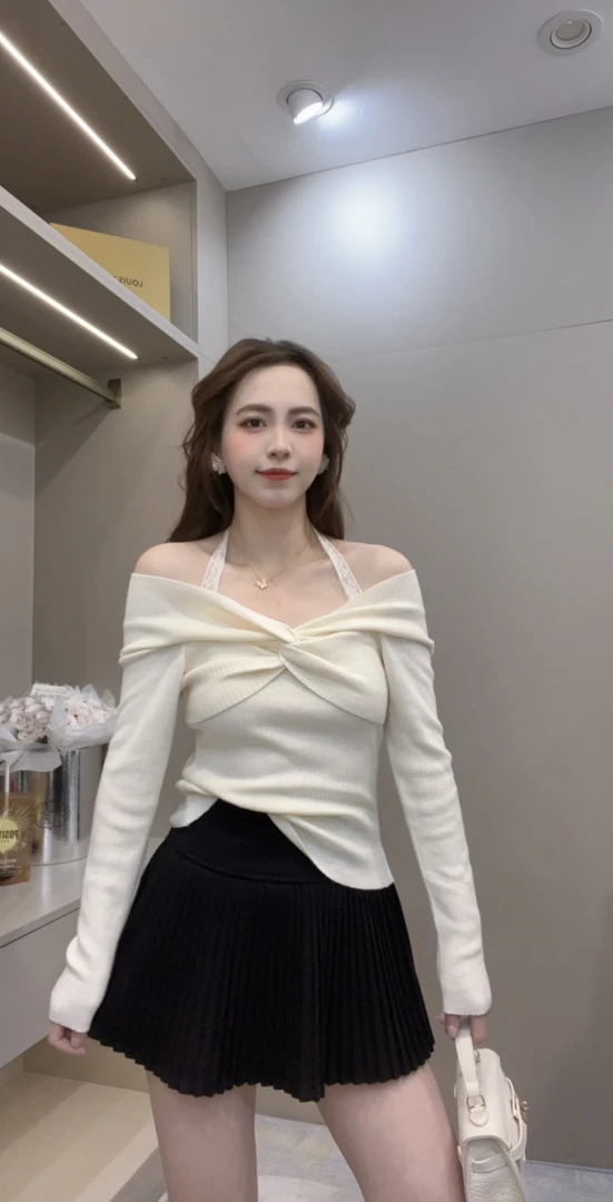 敏敏推荐【纯纯欲动】纽结设计蕾丝挂脖针织衫 5001