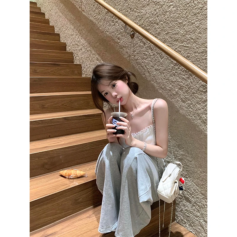 美式辣妹设计感收腰绣花背心蕾丝拼接吊带直筒宽松休闲垂感阔腿裤