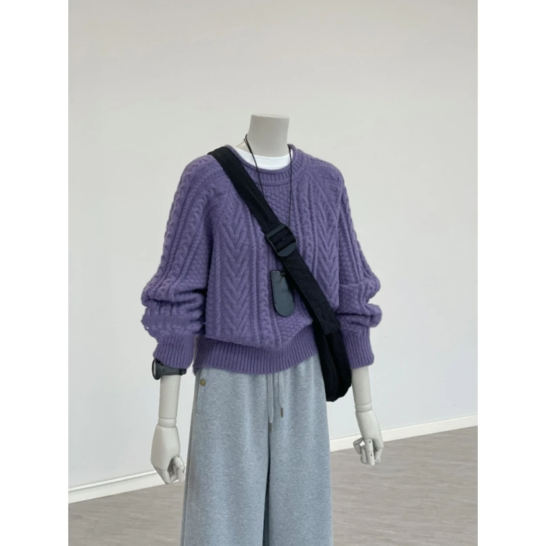 美貌色系！太好看了！紫色麻花套头毛衣冬季慵懒风温柔气质针织衫女