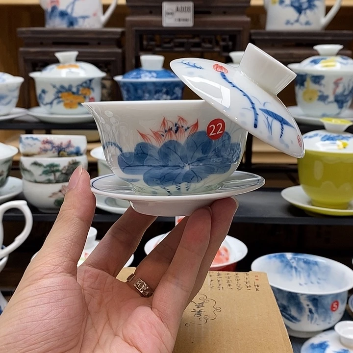 手绘荷花悬停盖碗150cc釉下彩微瑕福利款