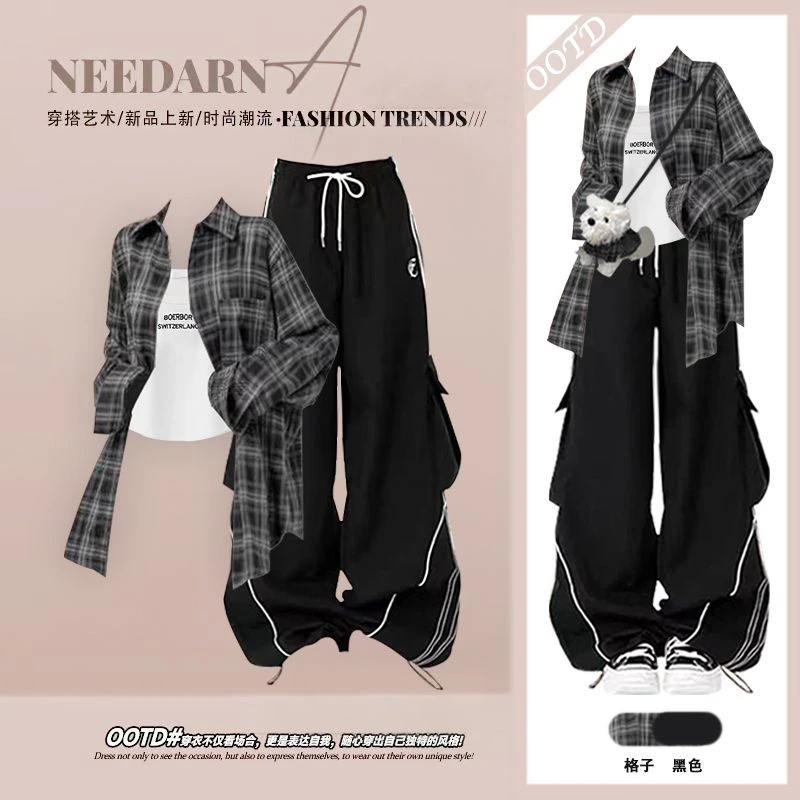 2025秋季韩系套装女气质复古格子衬衫搭黑色休闲阔腿裤吊带三件套