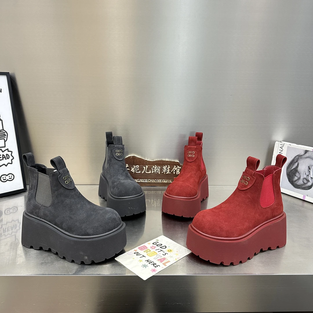 MANGNIER/松糕厚底增高8厘米圆头切尔西靴高筒一脚蹬马丁靴烟筒靴