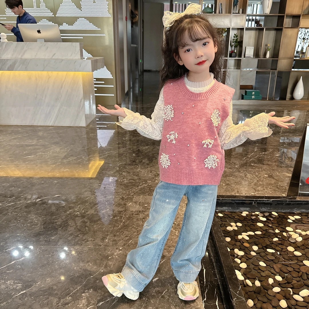 2025女童春款洋气百搭马甲套装马甲牛仔阔腿裤三件套韩版春款新款