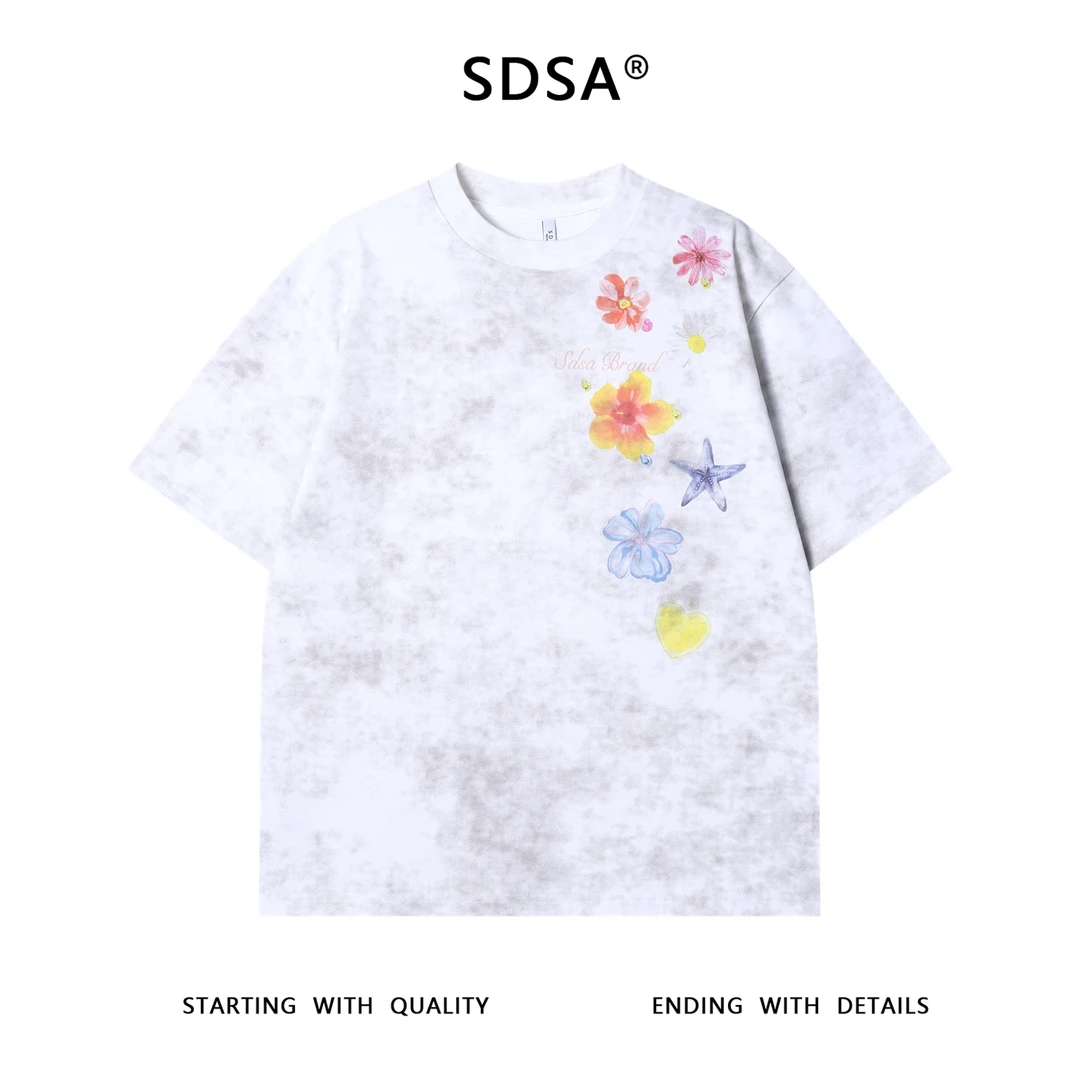 夏季高级感新款男士潮牌洒金花卉字母印花圆领短袖T恤百搭时候