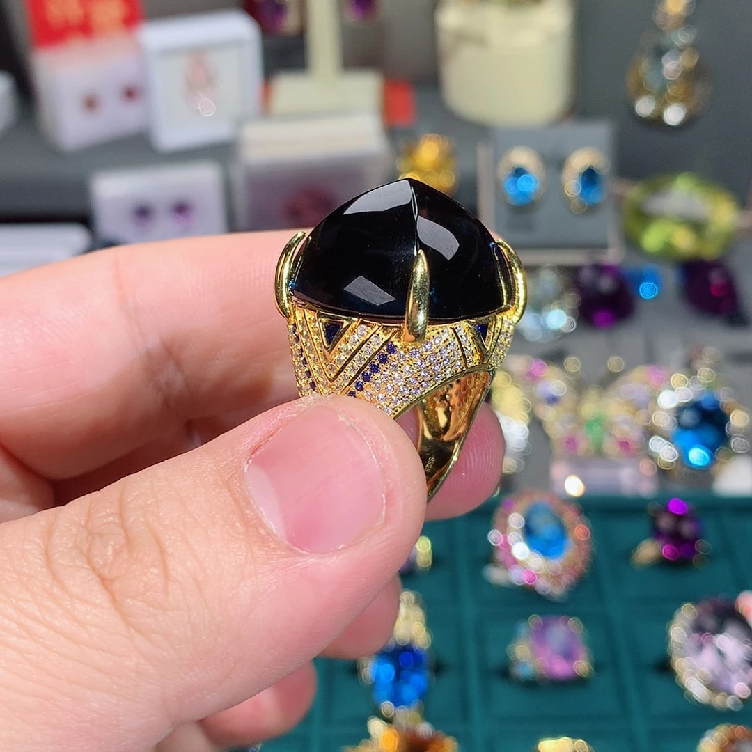 托帕石戒指银S925镶嵌背***景戒指