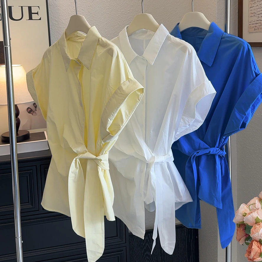 翻领独特收腰设计衬衫女夏季通勤宽松扭结绑带棉质短袖上衣2025款