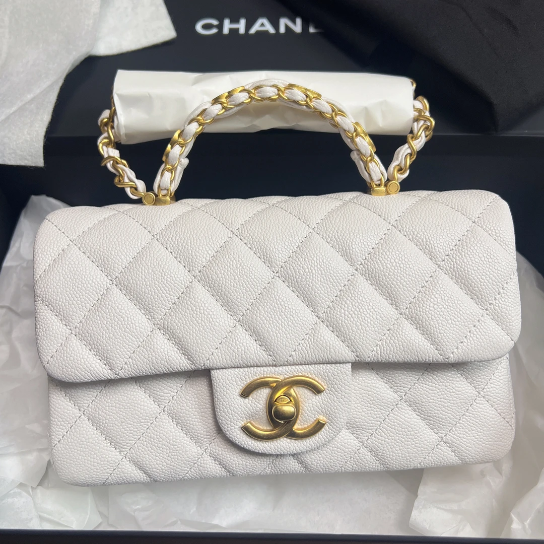 未使用 Chanel/香奈儿 25b皮穿链鱼子酱手柄大迷你22.5cm白色