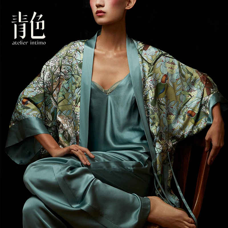 atelier intimo/青色【洛神双面印花睡袍】桑蚕丝家居服设计师