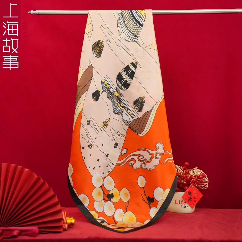 上海故事2024新款真丝100%桑蚕丝妈妈大方巾礼盒送长辈城市一角