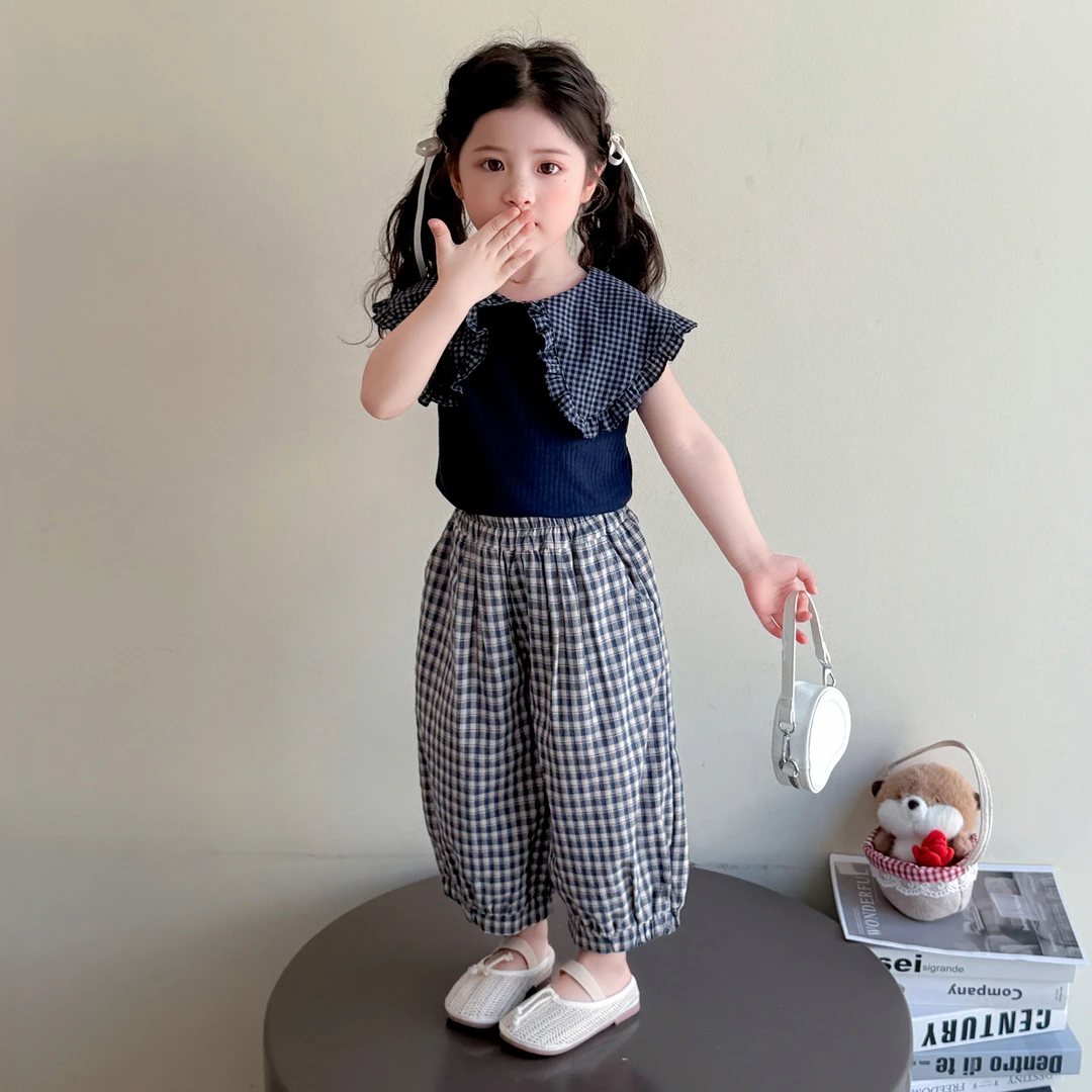 韩版女童时髦洋气大领子格子裤套装2025新款儿童夏季女宝宝两件套
