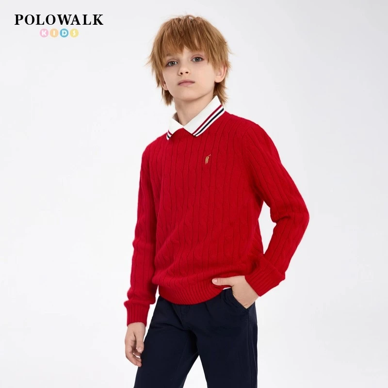 【含绵羊毛】POLOWALK童装男童针织衫2025秋冬新品儿童纯色长袖毛衣