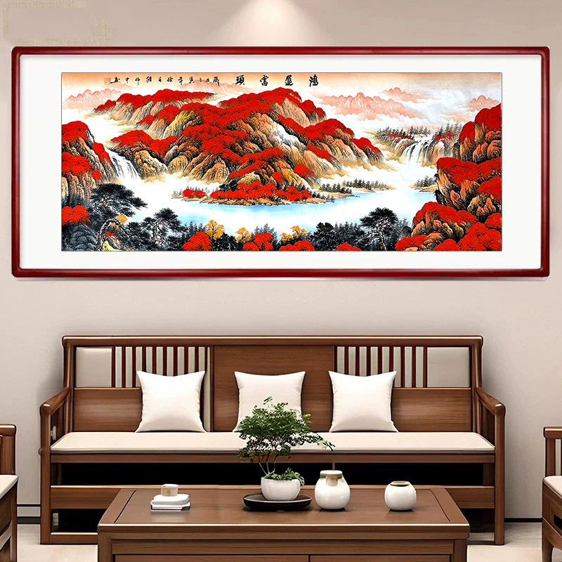 国画山水画客厅沙发背景墙画纯手绘实木框免费安装上墙鸿运当头