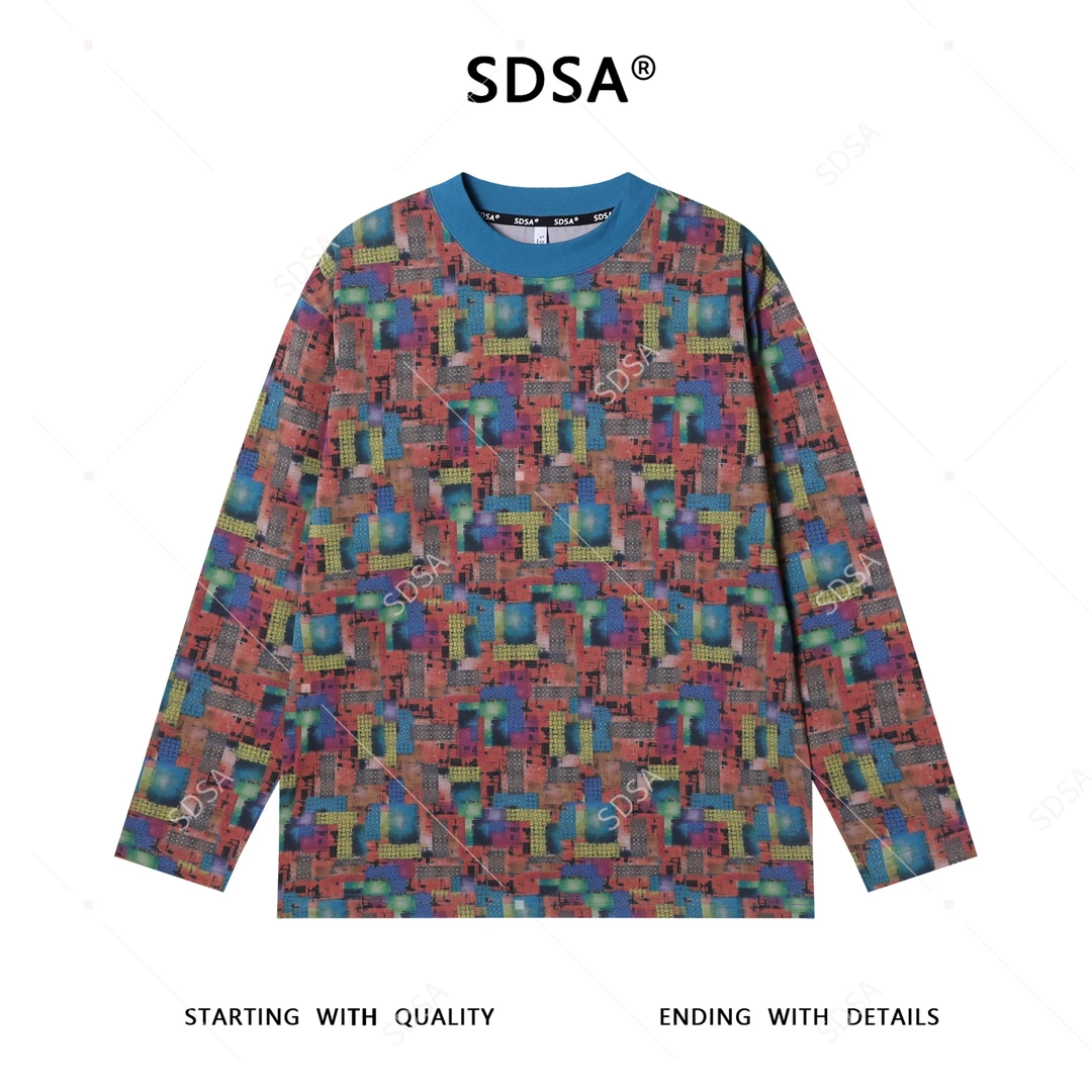 SDSA男士秋冬新款痞帅男装抽象不规则色块圆领长袖T恤宽松网红款