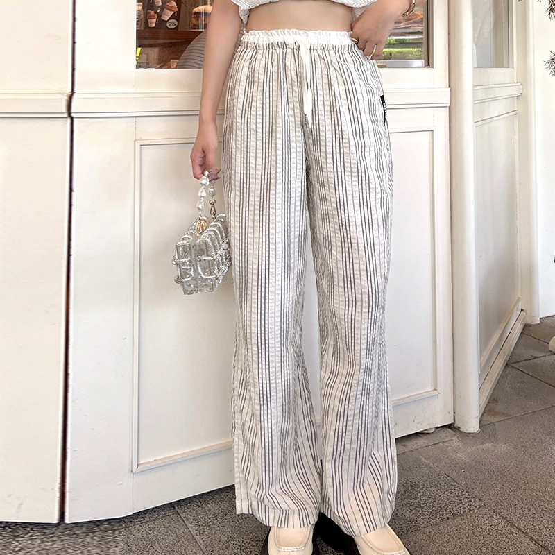 ISTYNI黑杏条纹抽绳直筒长裤高腰显瘦阔腿裤女夏新款