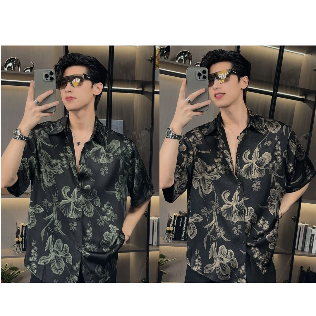 【百象服饰】夏季新款冰丝提花短袖花衬衫男薄款宽松痞帅五分袖衬衣