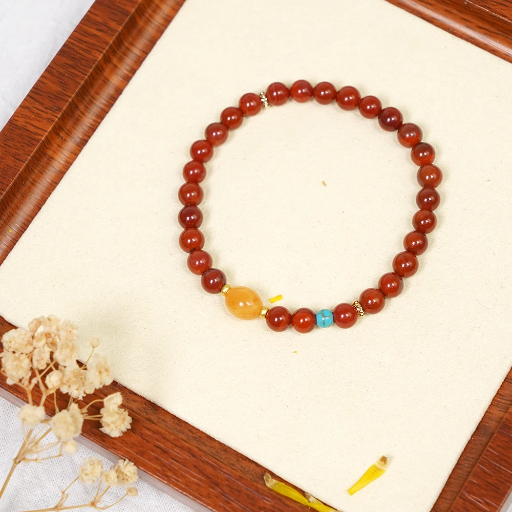 天然川料南红火焰纹单圈蜜蜡国风设计手串QF-A230