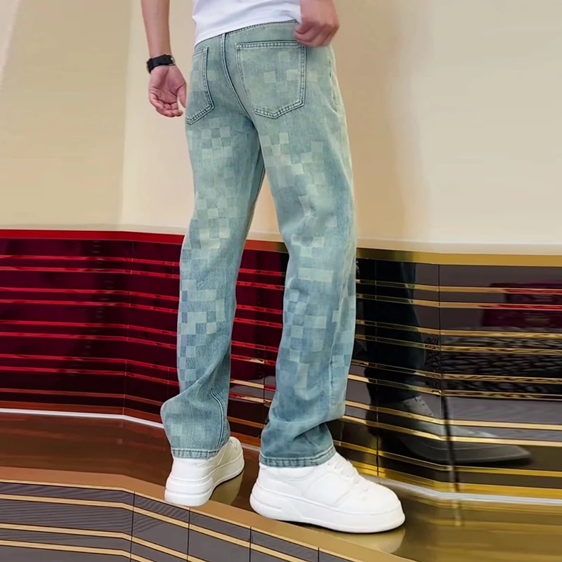 轻奢男装大码潮牌男士2025秋冬新款马赛克格子设计潮流百搭牛仔裤