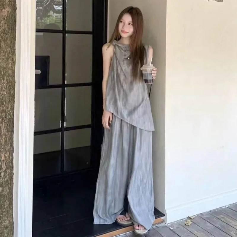 大码微胖女生穿搭夏季不规则无袖上衣显瘦阔腿拖地长裤两件套时尚