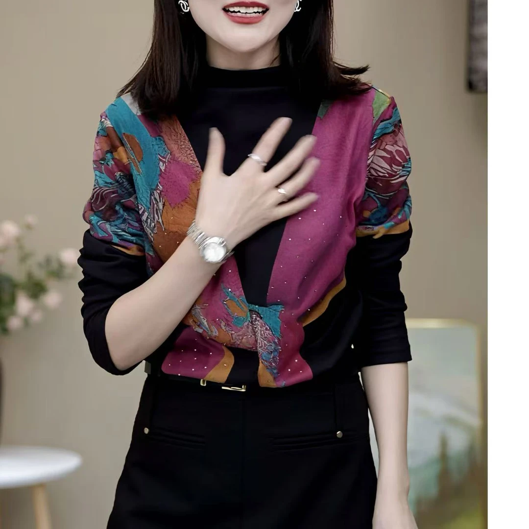 2025秋冬新款拼色半高领洋气显瘦气质长袖T恤女修身打底衫洋气潮