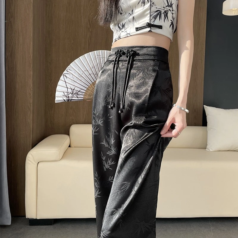 VONSRMAN国风缎面提花阔腿裤女夏季薄款2025新款休闲垂感高级感直