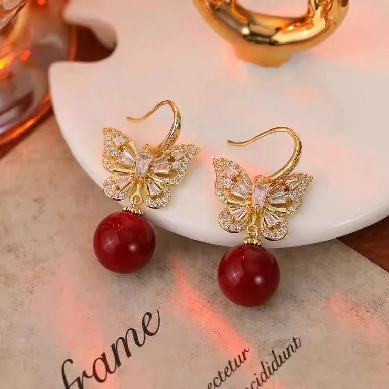 铜合金仿珍珠耳饰 083敬酒服爆款精美蝴蝶珠珠红色女士式耳环气质