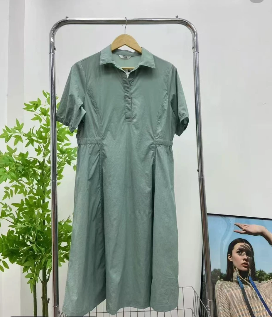 小尖领收腰连衣裙显瘦短袖中长款衬衫裙L001