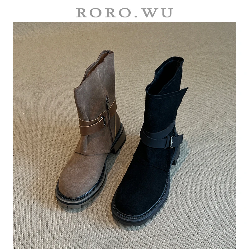 娆娆吴·牛翻皮复古时尚皮带扣气质优雅秋冬款慵懒感百搭女靴X407