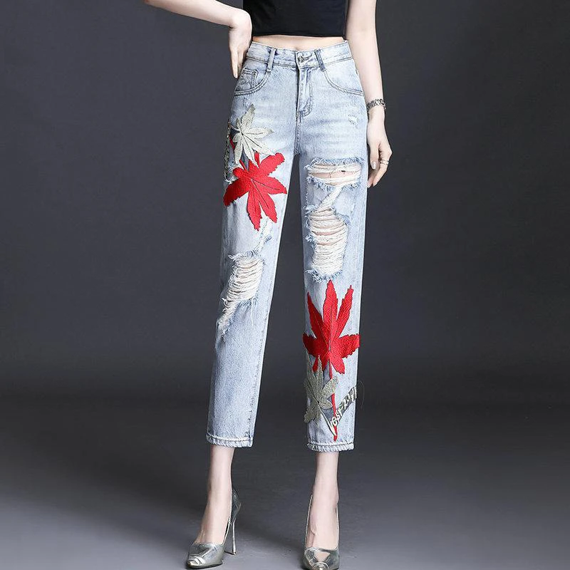 夏季2025年春夏新款刺绣直筒牛仔裤高腰破洞宽松显瘦百搭九分裤潮
