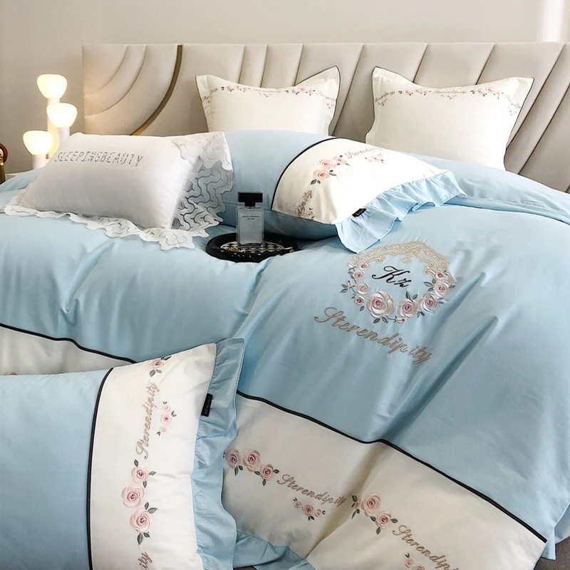 【爱尔莎蓝】法式浪漫花朵刺绣全棉纯棉100%棉四件套套件