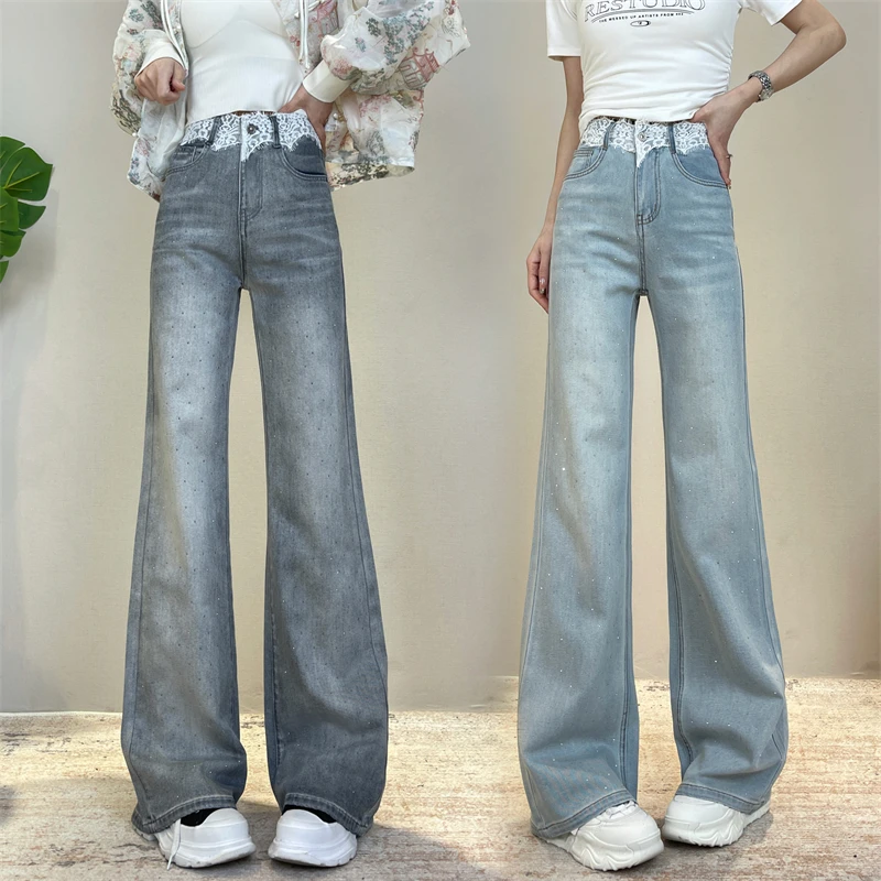 迪否蕾丝镶钻直筒喇叭裤女裤夏季薄款修身显瘦窄版阔腿牛仔裤6045