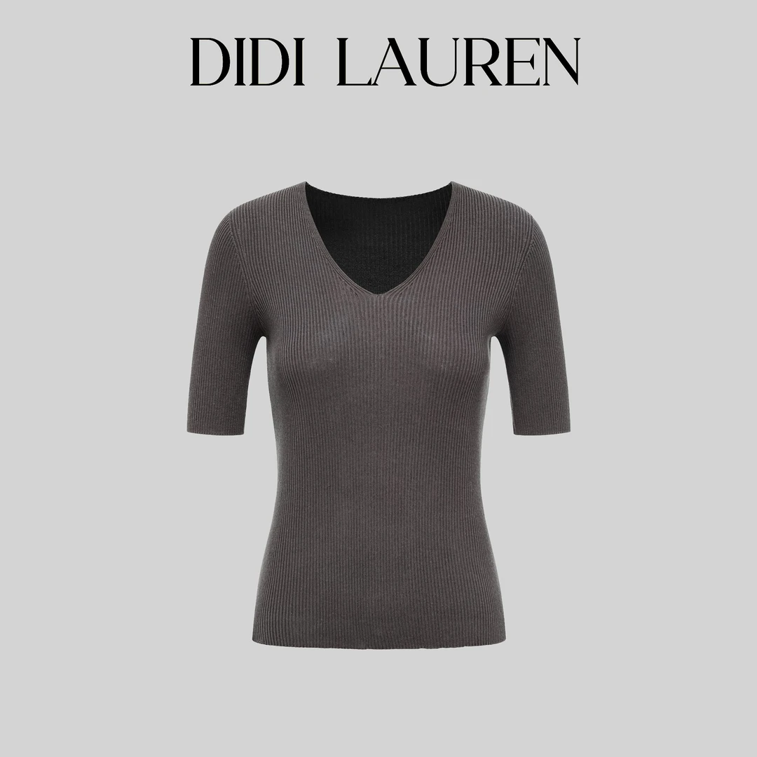 DIDI LAUREN“记忆书签”简约V领舒适薄款五分袖桑蚕丝针织衫