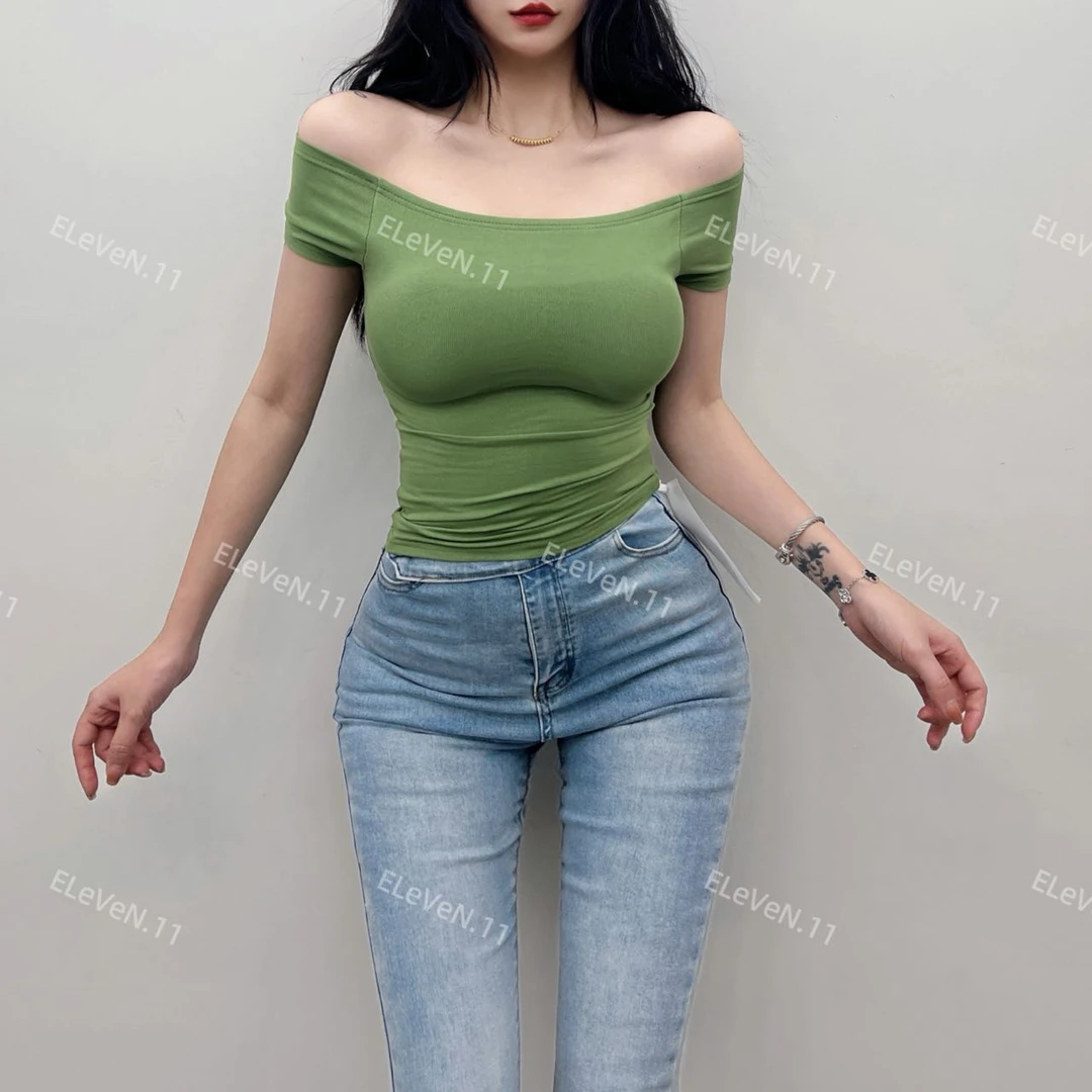 辣妹纯欲风漫画一字领带胸垫短袖T