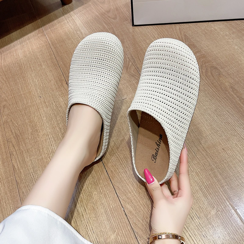 包头透气博肯鞋2025年夏季新款百搭半拖飞织欧若风平底爆款拖鞋