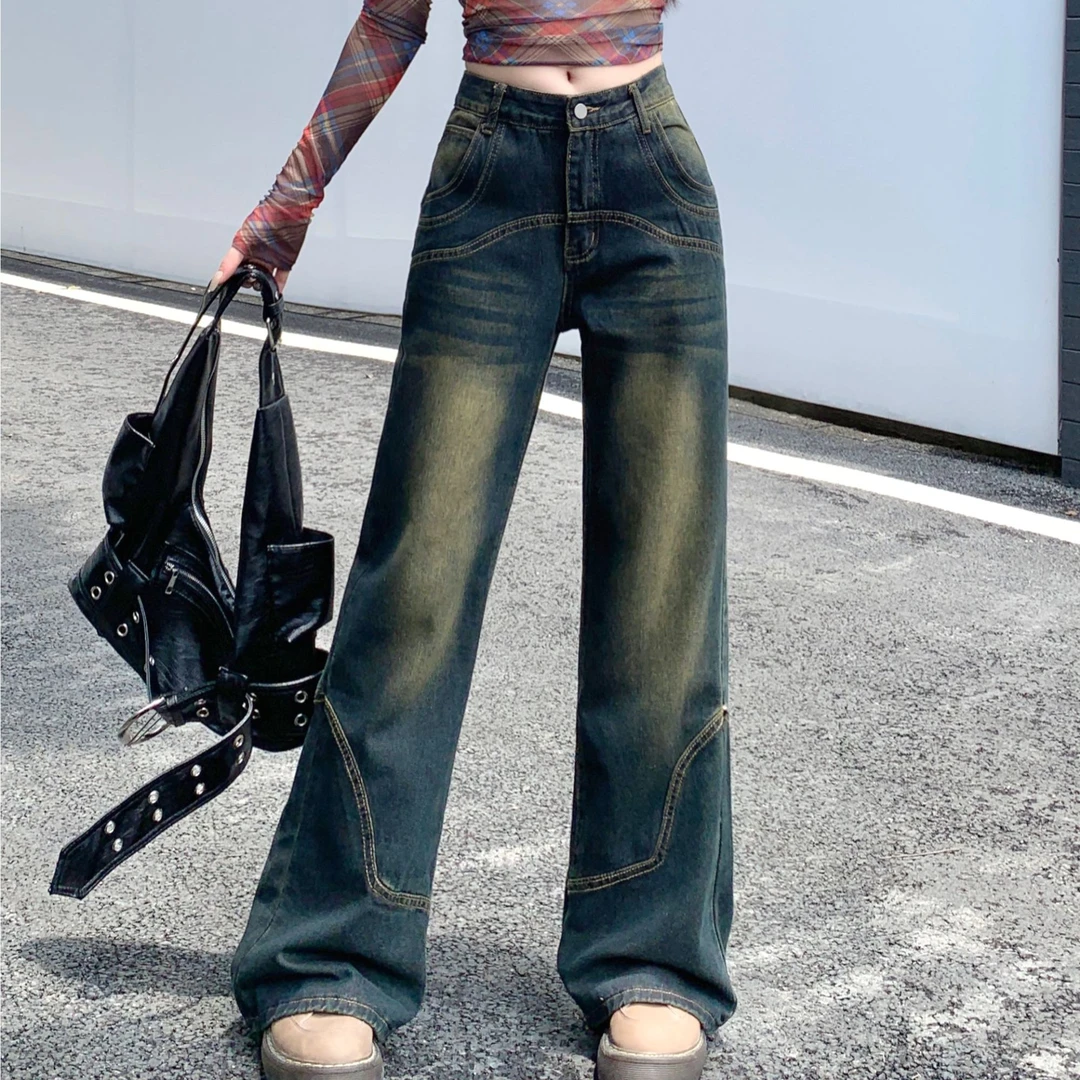 阔腿微喇牛仔裤女2025春款美式高腰宽松显瘦拖地长裤