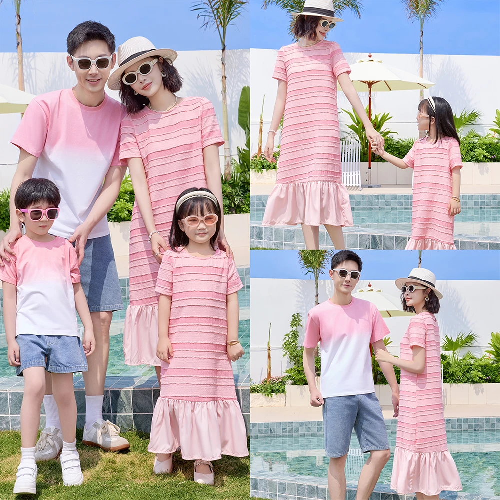 高级感亲子装一家三四口新款粉色旅游海边度假母女连衣裙鱼尾裙夏