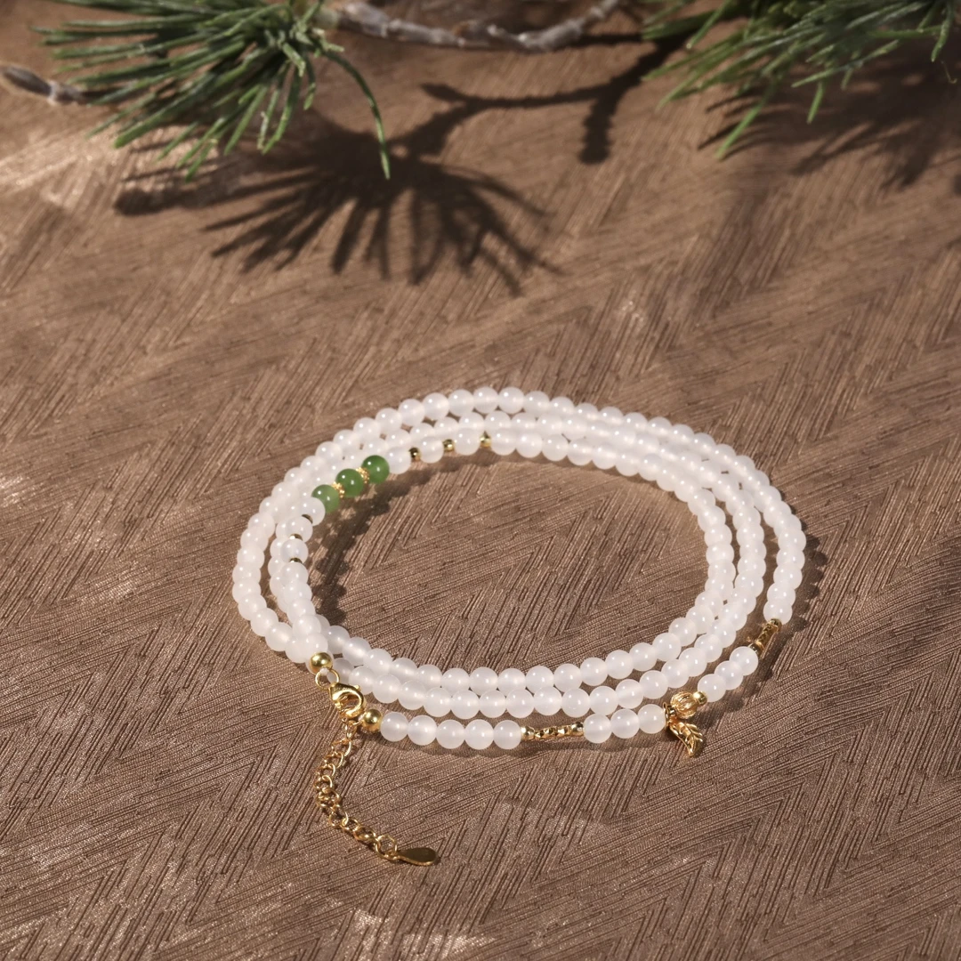 60cm长正宗和田玉青海白玉珠链项链白配绿天然上等和田玉ZB0013