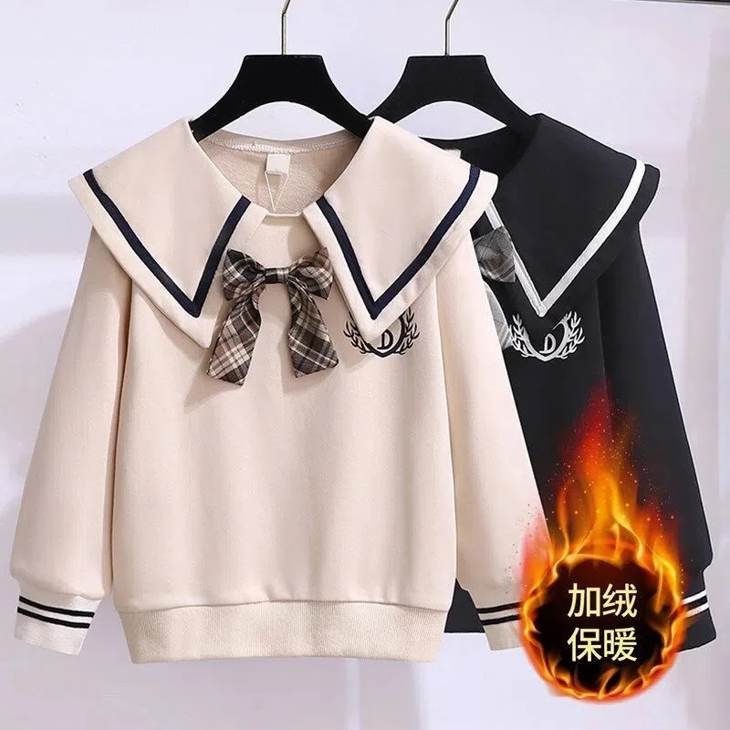 女童加绒加厚卫衣秋冬新款中大儿童学院秋装打底衫小女孩洋气卫衣