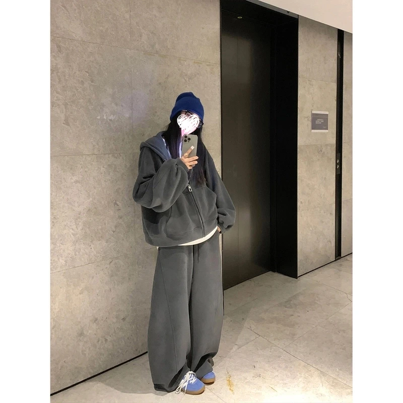 时尚奥粒绒加厚宽松连帽休闲卫衣外套套装松紧腰阔腿裤女 18753