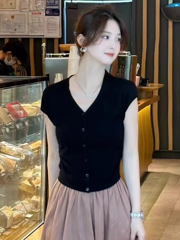 黑色女士打底衫女2025新款夏季短袖针织开衫修身洋气减龄短款上衣