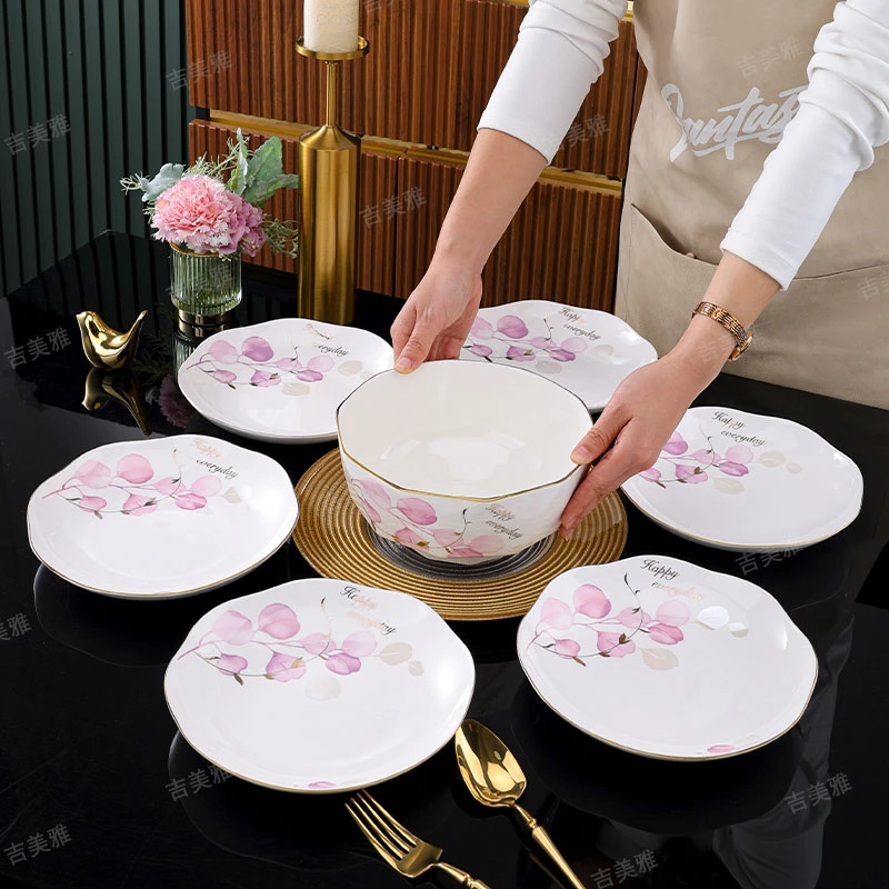 粉色情怀7件套组荷花盘钻石碗奢华盘碟饭碗
