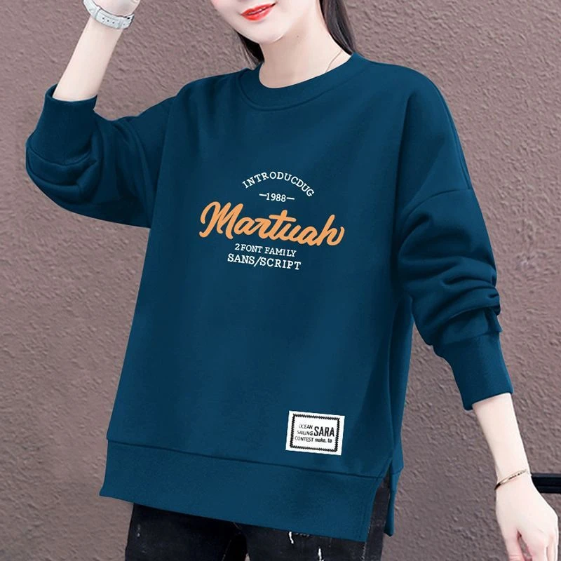 春秋薄款卫衣女韩板宽松大码圆领印花百搭秋冬加绒加厚上衣潮