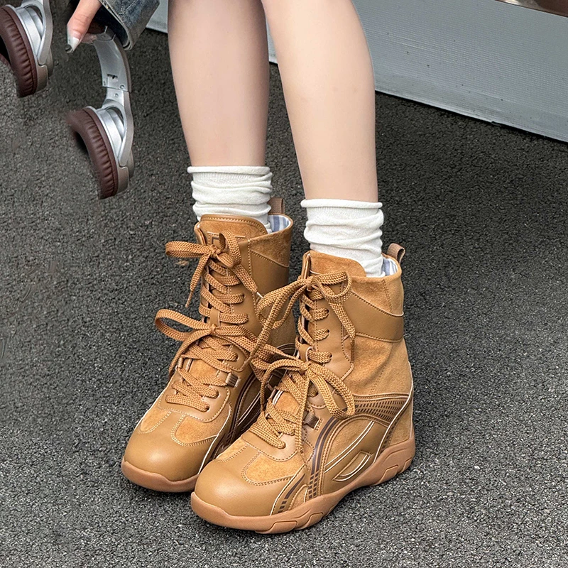 增高8CM时装靴百搭女鞋2025秋新款复古假日风厚底短靴8090-1