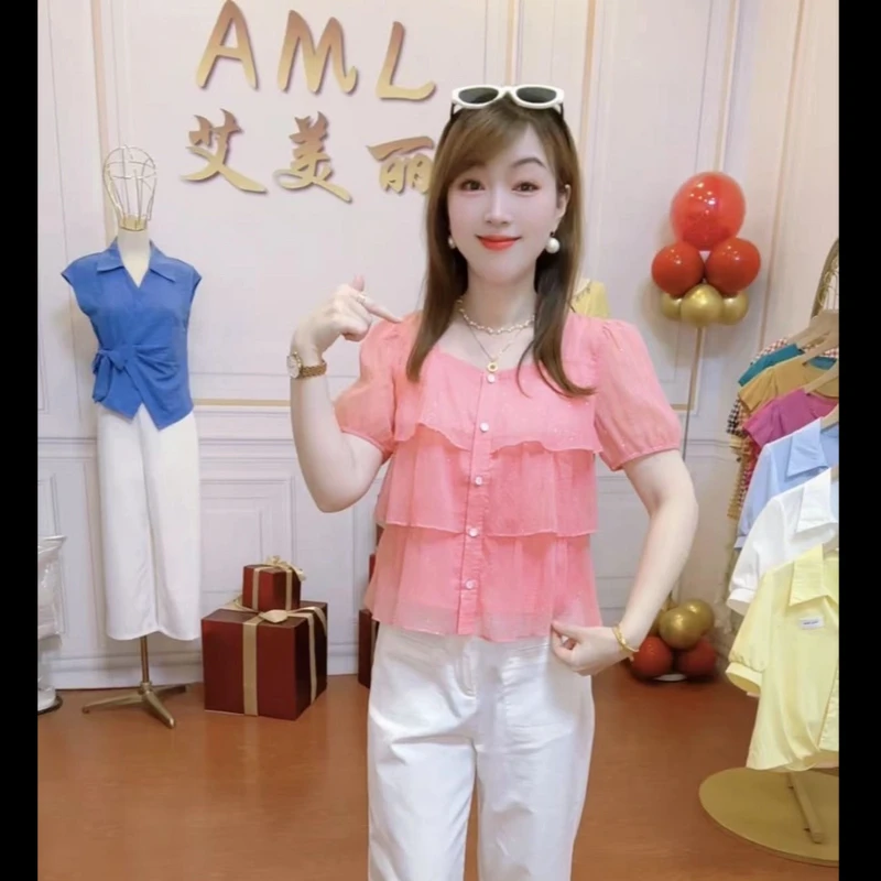 AML3 珠光细闪设计感法式荷叶边时尚百搭2025新款洋气减龄女衬衣