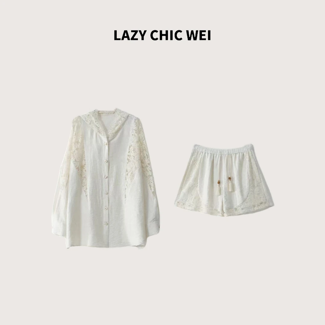 WEI “萤火之森”亚麻混纺夏季凉感蕾丝拼接仙女套装 25SSW1224