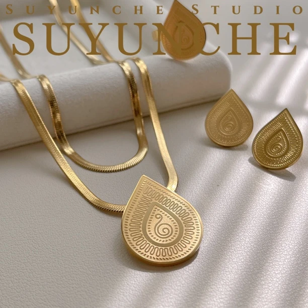 钛钢项链 Suyunche2667新款民族风复古水滴三件套