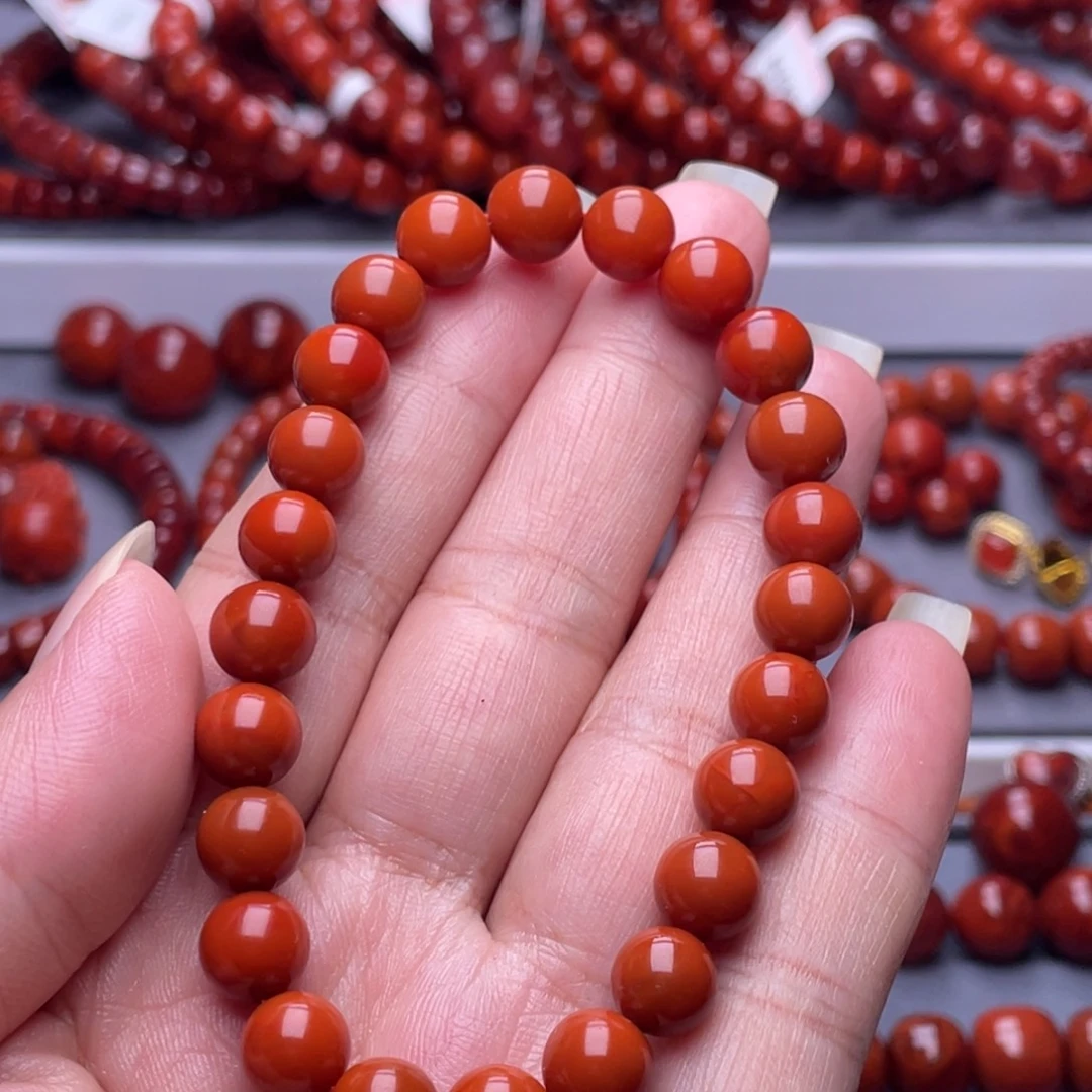 南红玛瑙未镶嵌配珠8.3mm瓦西纯柿子红满肉高品圆珠串