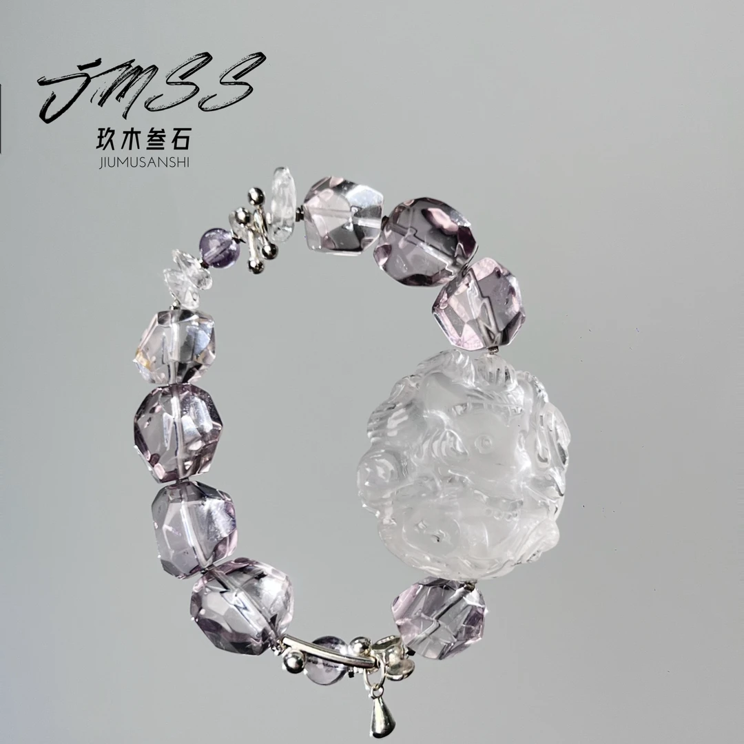 【玖木叁石】紫水晶白水晶狐牌手链JM004-A1-8