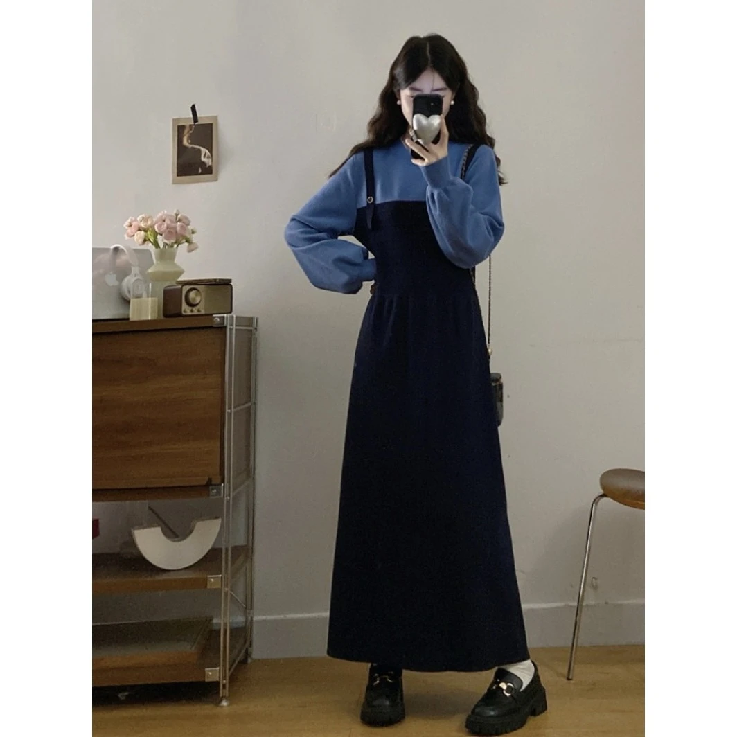 大码胖mm秋季女装新款法式复古圆领假两件长袖连衣裙遮肉显瘦裙子