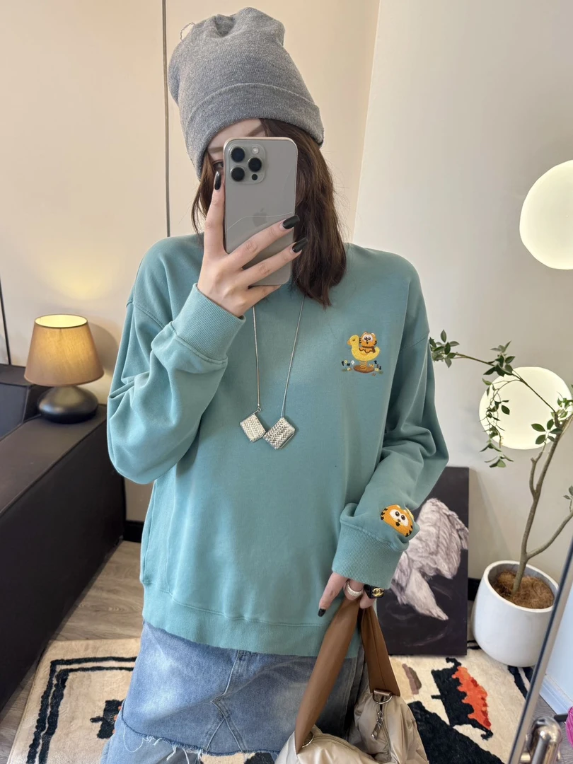 Yong will小羊纸袋6378弹力猫侧拼纯棉毛圈卡通宽松卫衣百搭慵懒