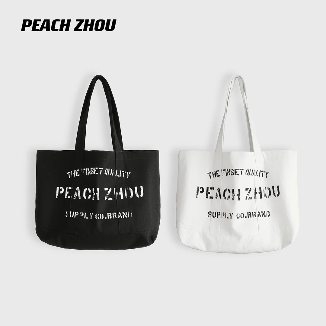 『PEACHZHOU』美式学院做旧印花托特包休闲百搭中性手提单肩帆布包